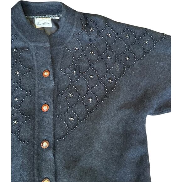 Vtg Sia Bellini black Floral Jeweled Rabbit Hair Wool Blend Cardigan Large - Picture 5 of 16
